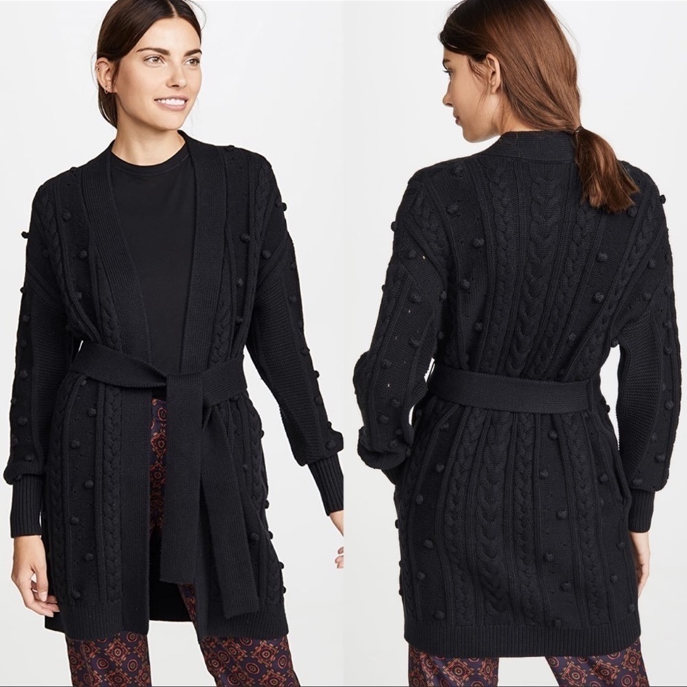 Nicholas Black Cotton Wool Cardigan Pom Pom Sweater Size Large Missing Belt